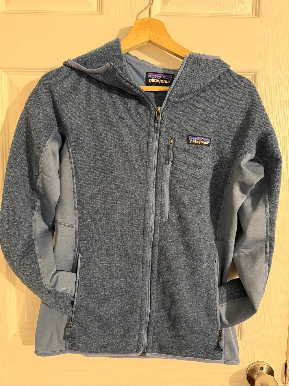Patagonia women’s Light & Slate Blue Hooded Fleece Jacket